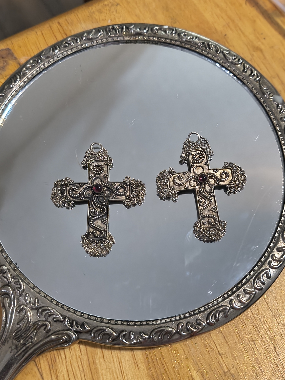 Vintage Sterling Silver Ornate Cross Pendants Pair Garnet